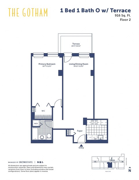 Floor plan for 1 bed, 1 bath, 916 sqft